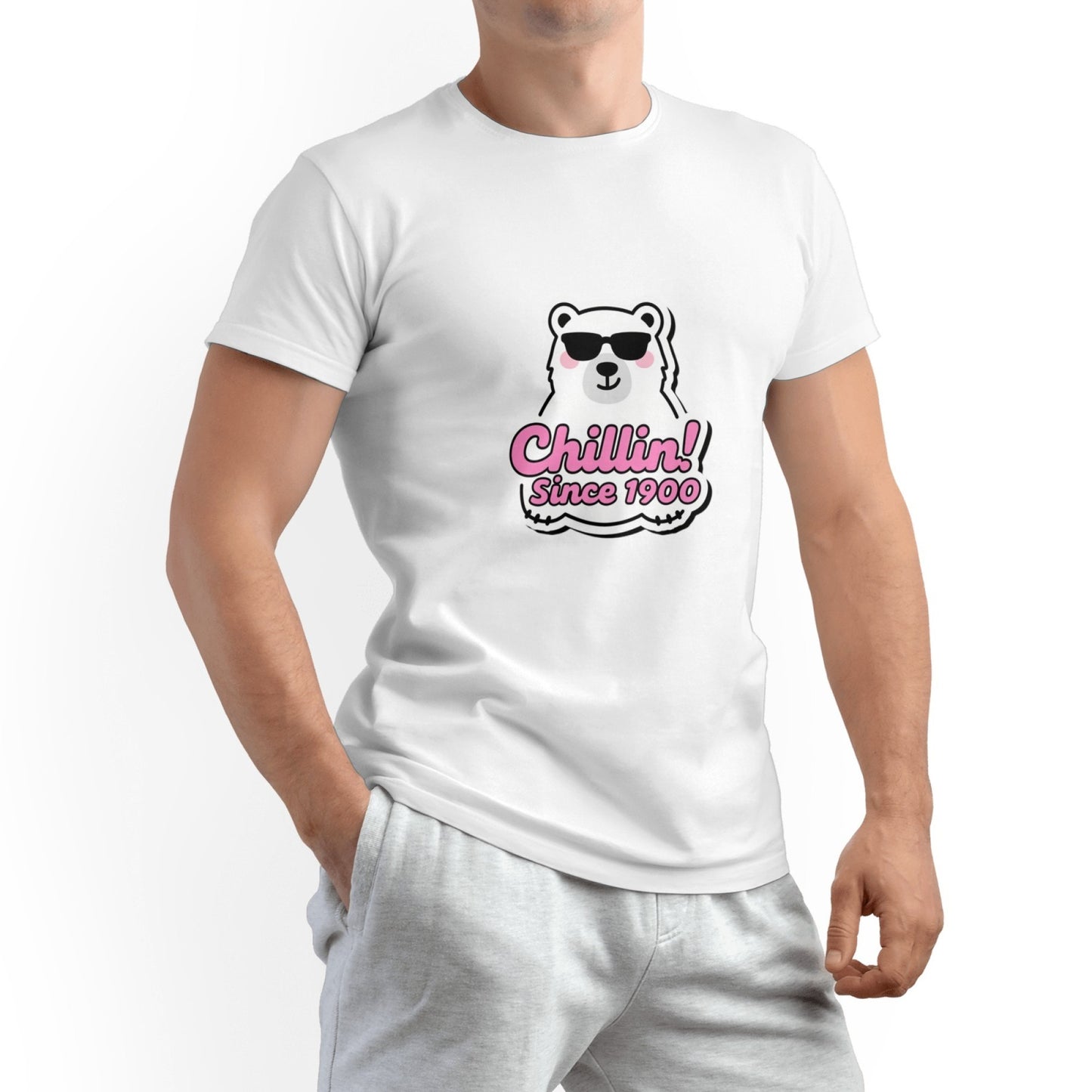 Cartoon Polar Bear Men's Pure Cotton T-shirt - Casual Round Neck, Slightly Elastic, Suitable For Four Seasons Knitted Fabric, Classic Fit Adult Shirt, Couple's Shirt