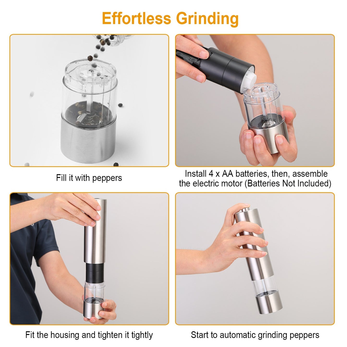1Pc Electric Salt Pepper Grinder With Light Adjustable Coarseness Stainless Steel Salt Pepper Shaker Battery Operated Pepper Grinder Mill Easy Refill And Clean