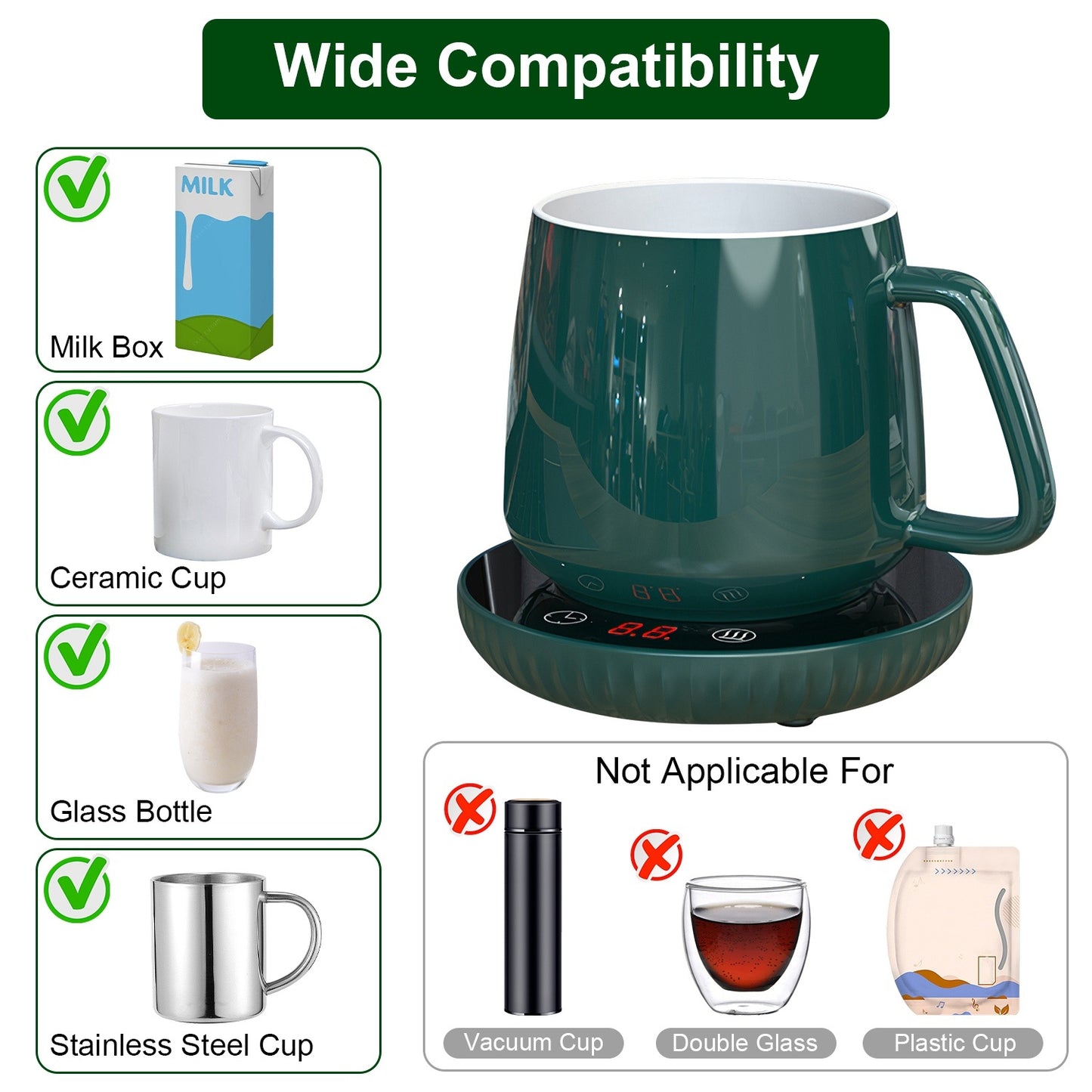 2 Colors Options -- 1Pc Desktop Electric Cup Warmer 8Hours Auto Off Overheating Protection Smart Timer Setting 2 Temperature Levels Ceramic Heating Panel For Office Home
