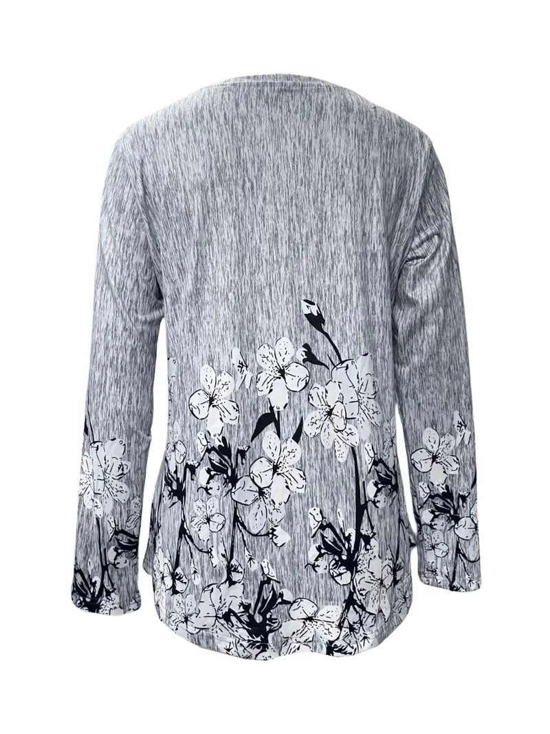 Spring And Autumn Casual Print Spike Button Crew Neck Long Sleeve T-shirt