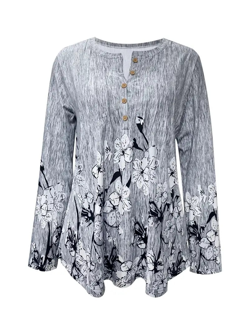 Spring And Autumn Casual Print Spike Button Crew Neck Long Sleeve T-shirt