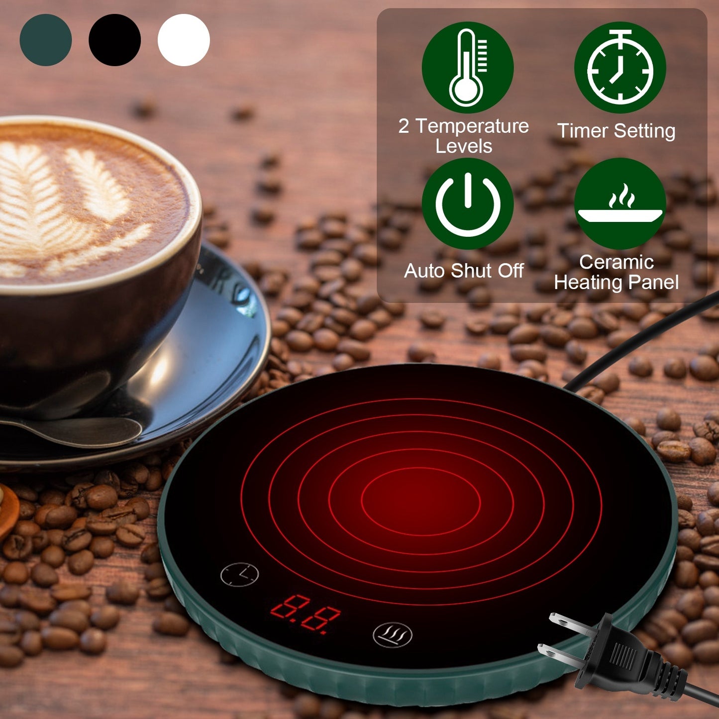 2 Colors Options -- 1Pc Desktop Electric Cup Warmer 8Hours Auto Off Overheating Protection Smart Timer Setting 2 Temperature Levels Ceramic Heating Panel For Office Home