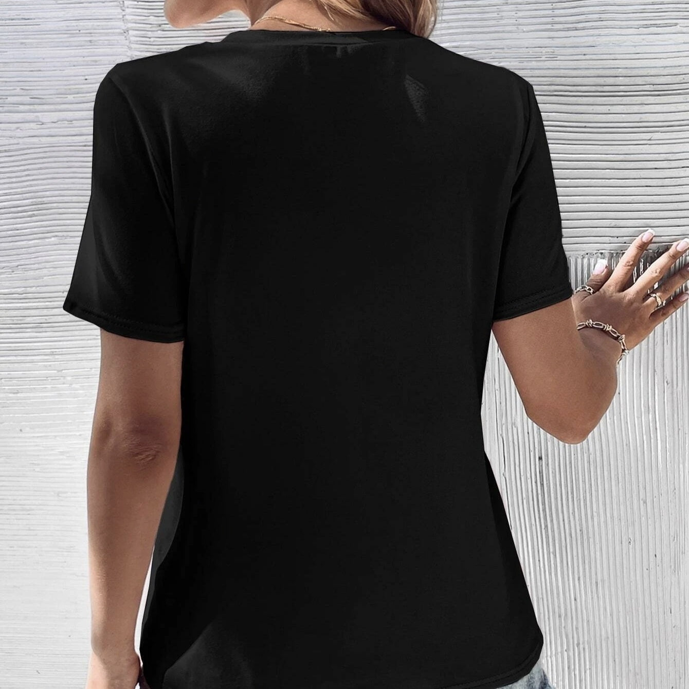 Women's Solid Color Collar Design T-shirt V-neck Casual Top