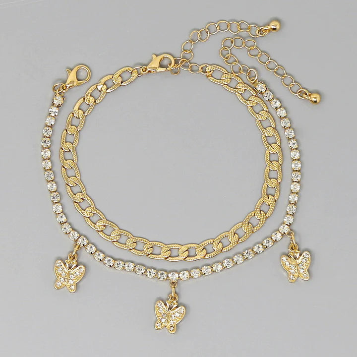 Rhinestone Pave Butterfly Charm / Curb Chain Bracelet Set