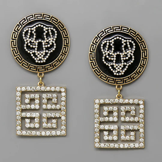 Lion Head Greek Pattern Glass Stone Pave Earrings
